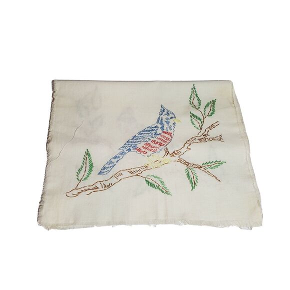 VINTAGE 1960s STAMPED BLUE JAY BIRD EMBROIDERED TABLE RUNNER PARTLY FINISHED - Picture 1 of 8